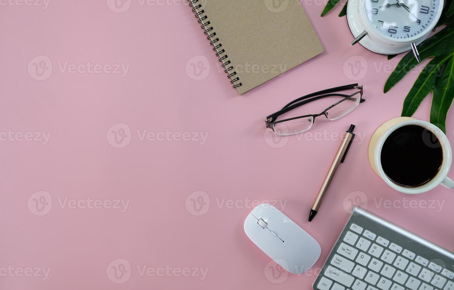 Office desk flat lay background with computer laptop and office equipment for work area copy space and education school concepts. photo