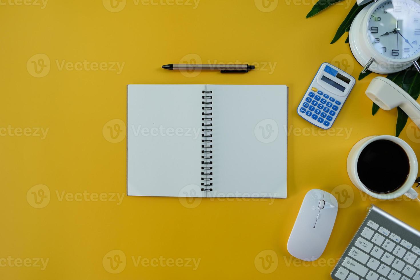 Office desk flat lay background with computer laptop and office equipment for work area copy space and education school concepts. photo