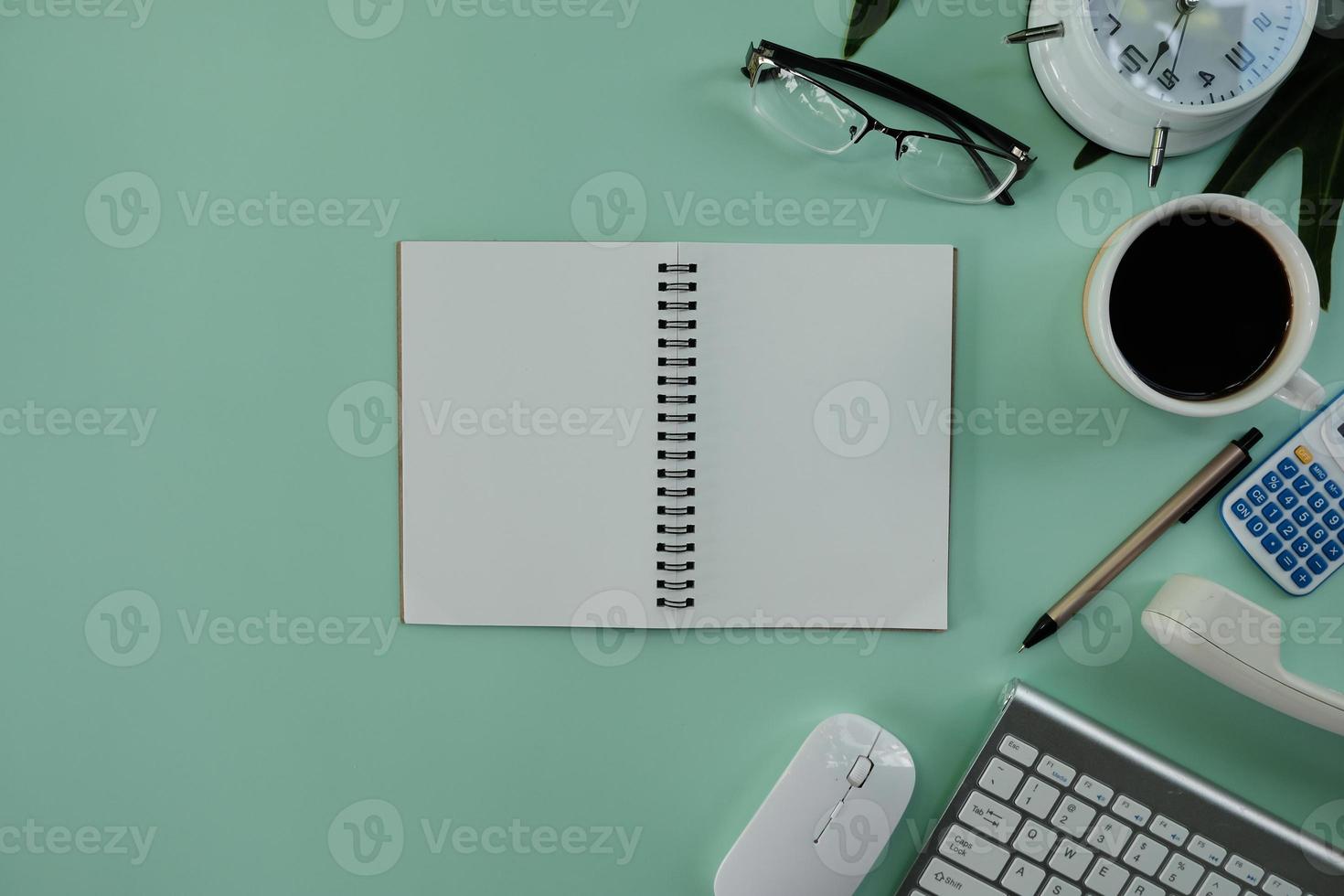 Office desk flat lay background with computer laptop and office equipment for work area copy space and education school concepts. photo