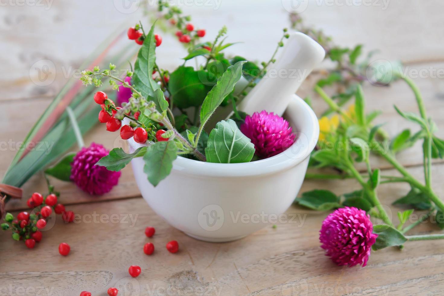 Fresh herbs in the mortar, alternative medicine photo