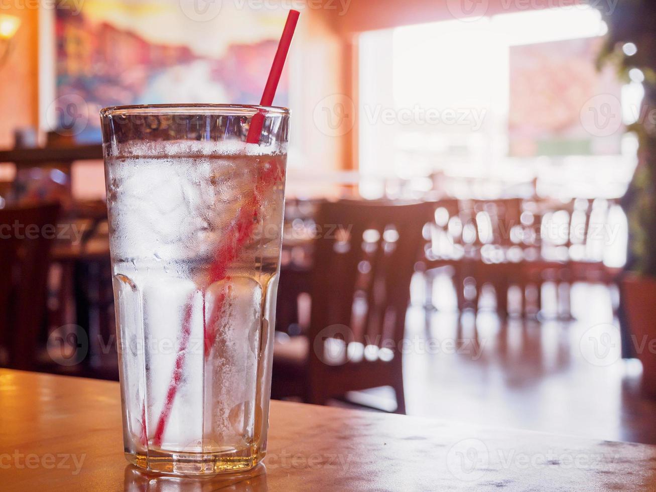 glass of water on wood table in restaurant photo