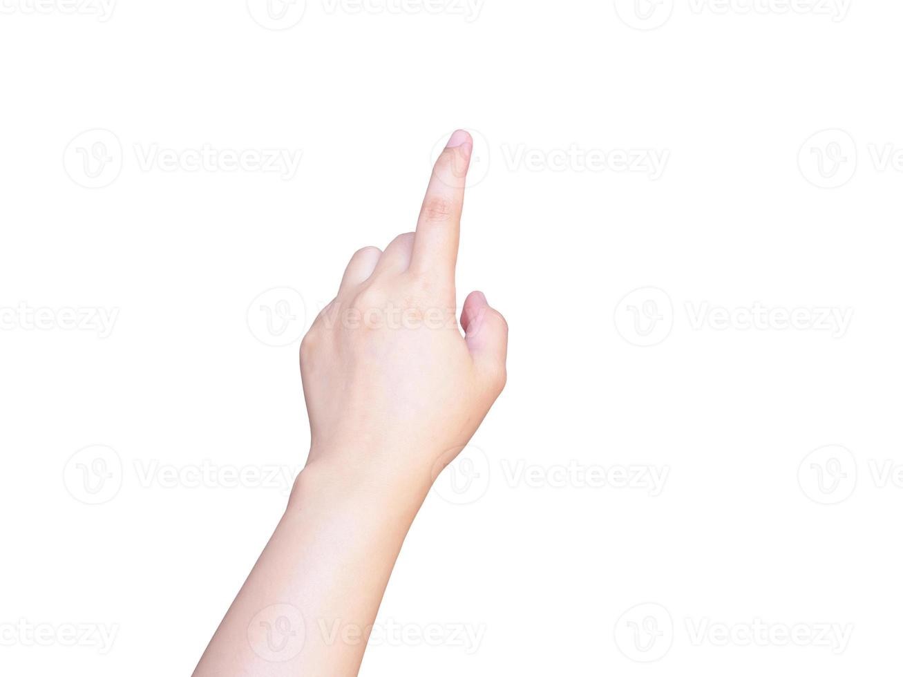 female hand touching or pointing to something isolated on white photo