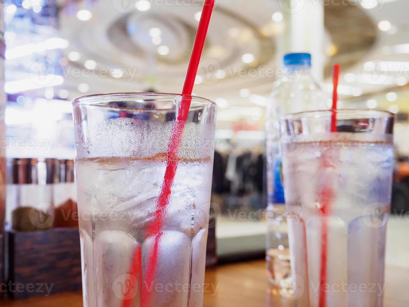 glass of water on wood table in restaurant photo