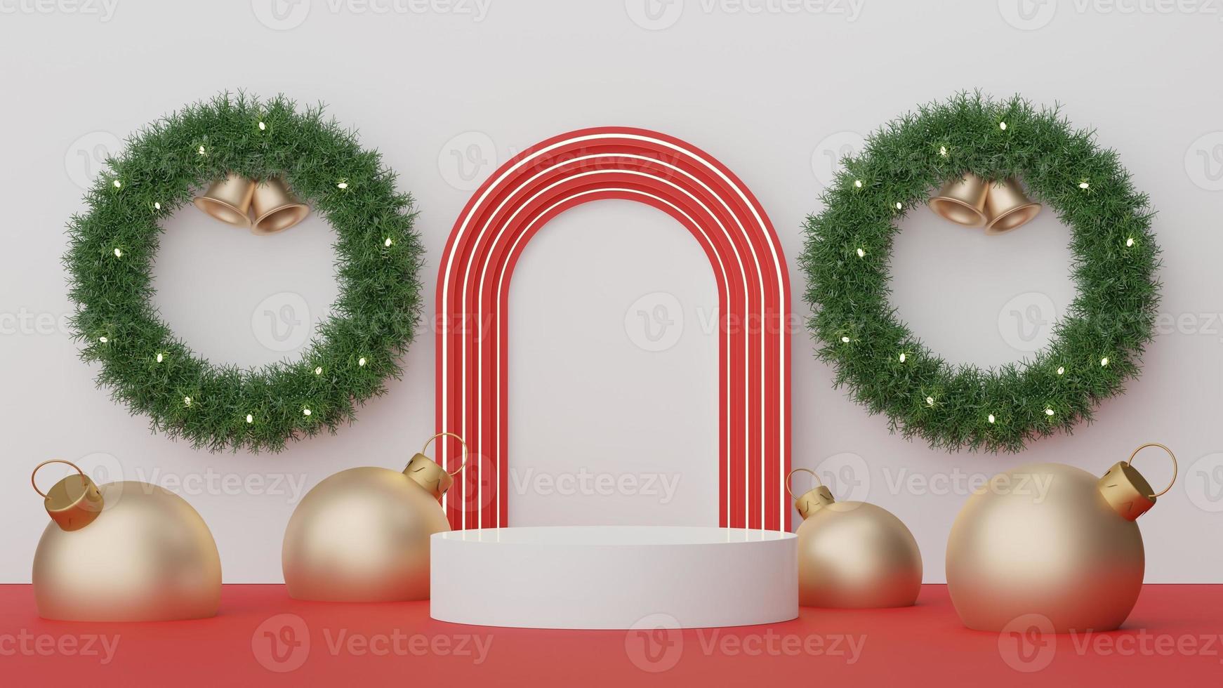 3d Display Podium for product and cosmetic presentation with Merry Christmas and Happy new year concept. Modern geometric. Platform for mock up and showing brand. Minimal clean design. photo