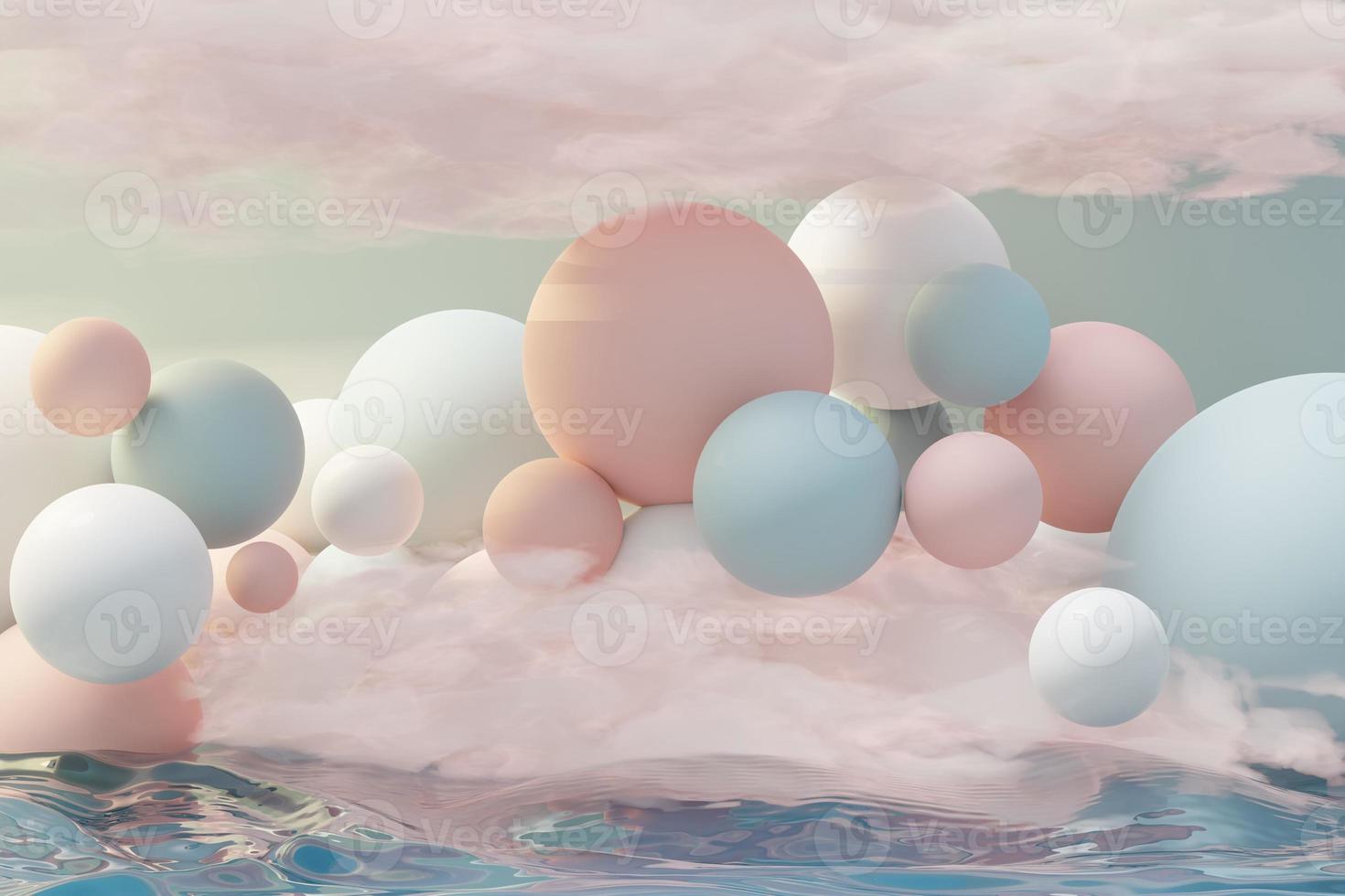 Render 3d de bola pastel, burbujas de jabón, manchas que flotan en el aire con nubes esponjosas y océano. tierra romántica de la escena de los sueños. cielo de ensueño abstracto natural. foto