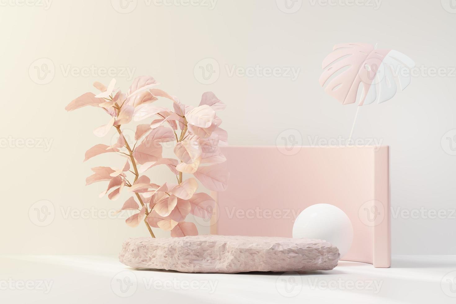 Representación 3d de la pantalla de podio de pedestal abstracto con hojas tropicales y escena de plantas pastel rosa coral. concepto de producto y promoción para publicidad. fondo natural azul pastel. foto