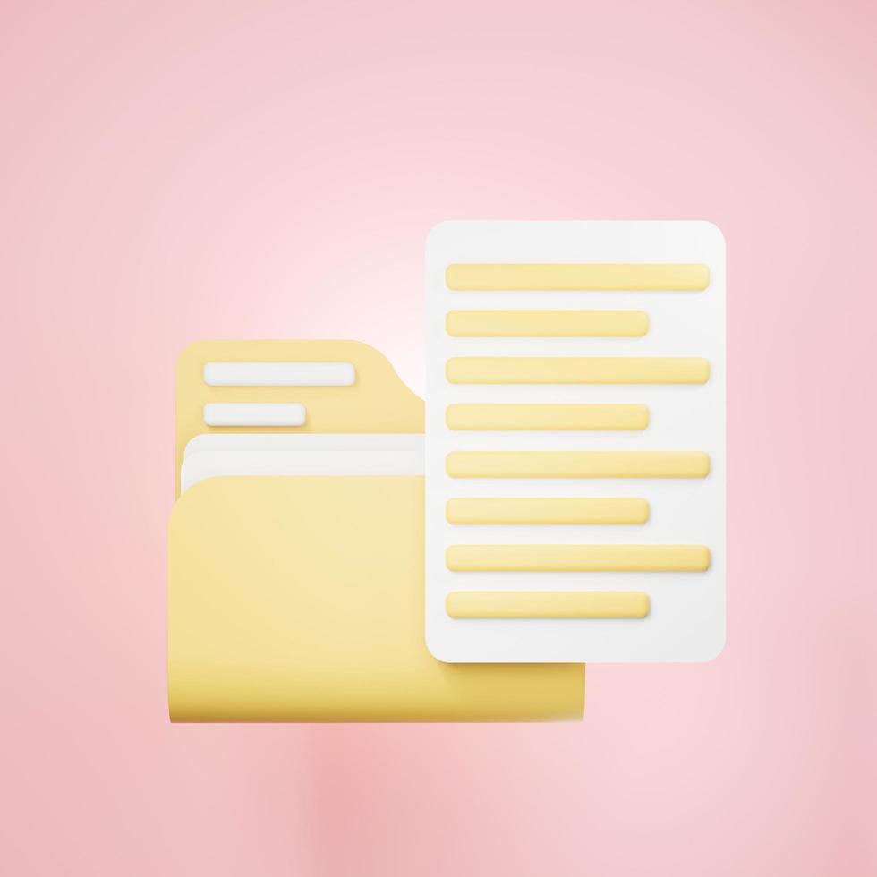 3d rendering of Document folder  with paper icon on clean background for mock up and web banner. Cartoon interface design. minimal metaverse concept. photo