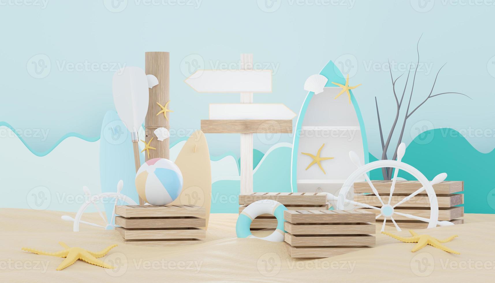 3d render Summer sale podium stand for showing product. Beach Vacations Scene in Summer for mock up. photo