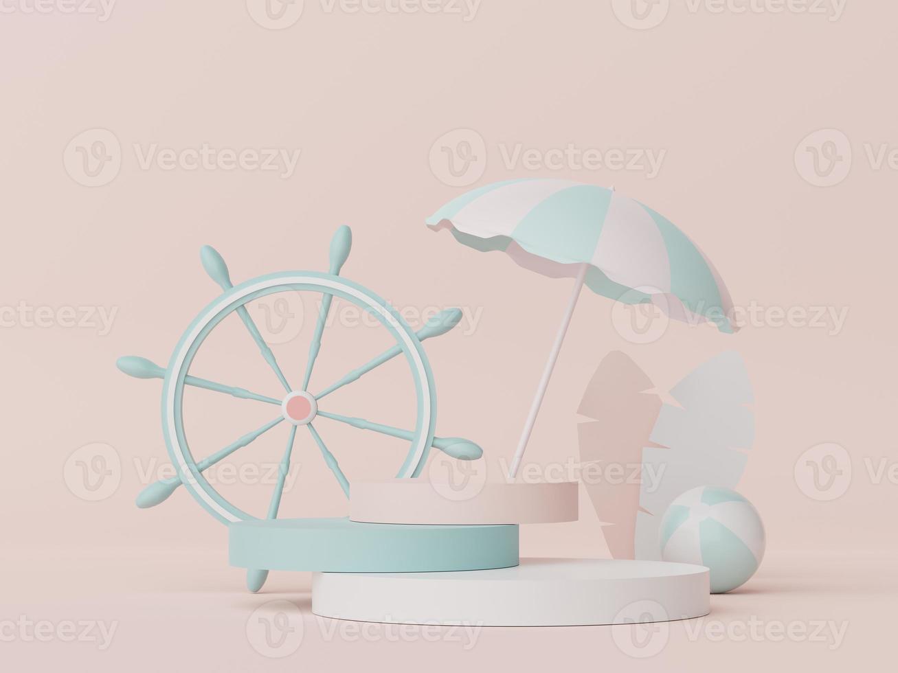 3d podium stand for product presentation with summer concept. Pedestal platform for cosmetic advertising. Minimal summer vacation. photo