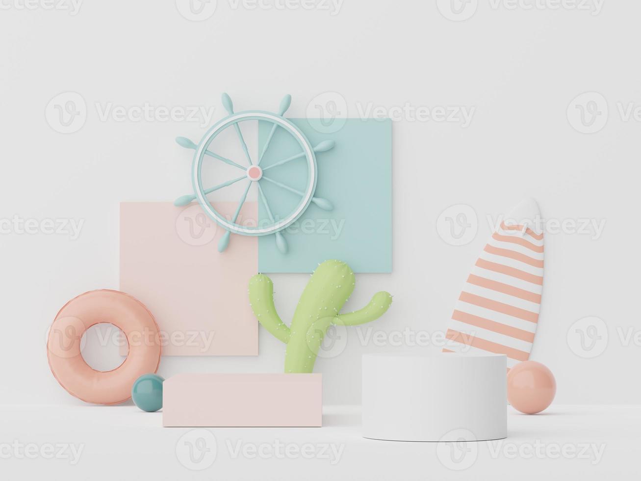 3d podium stand for product presentation with summer concept. Pedestal platform for cosmetic advertising. Minimal summer vacation. photo