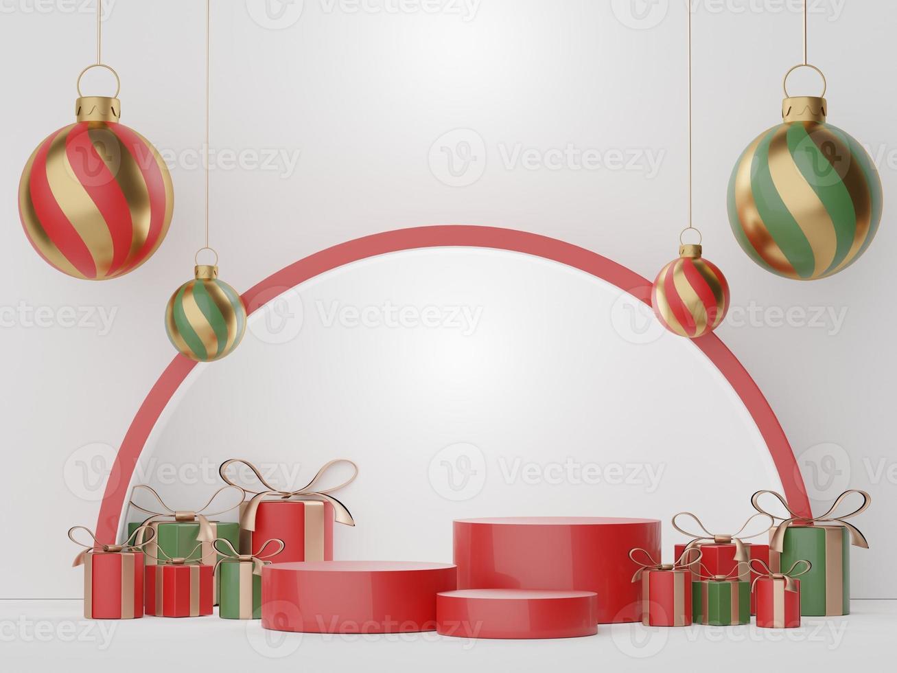 3d Display Podium for product and cosmetic presentation with Merry Christmas and Happy new year concept. Modern geometric. Platform for mock up and showing brand. Minimal clean design. photo