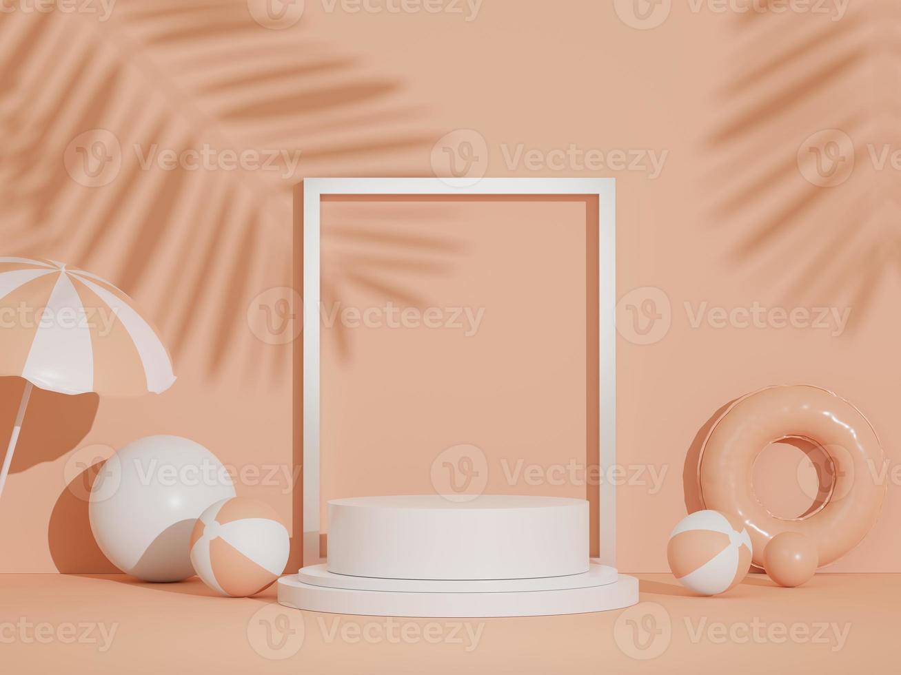 3d podium stand for product presentation with summer concept. Pedestal platform for cosmetic advertising. photo