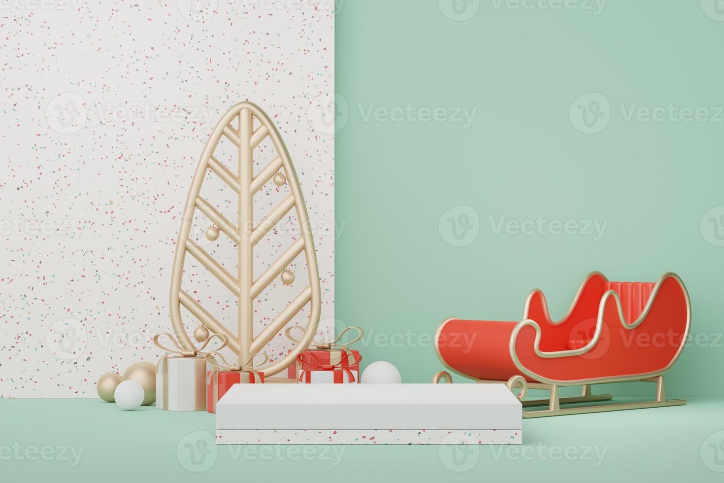 3d Display Podium for product and cosmetic presentation with Merry Christmas and Happy new year concept. Modern geometric. Platform for mock up and showing brand. Minimal clean design. photo