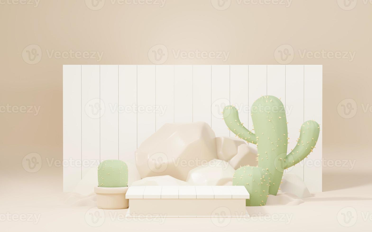Podio de crema marrón simulado en 3d con mini tema de desierto de cactus y arena. pedestal para presentación de productos y cosméticos. escena colorida abstracta para publicidad. fondo de promoción de venta. foto