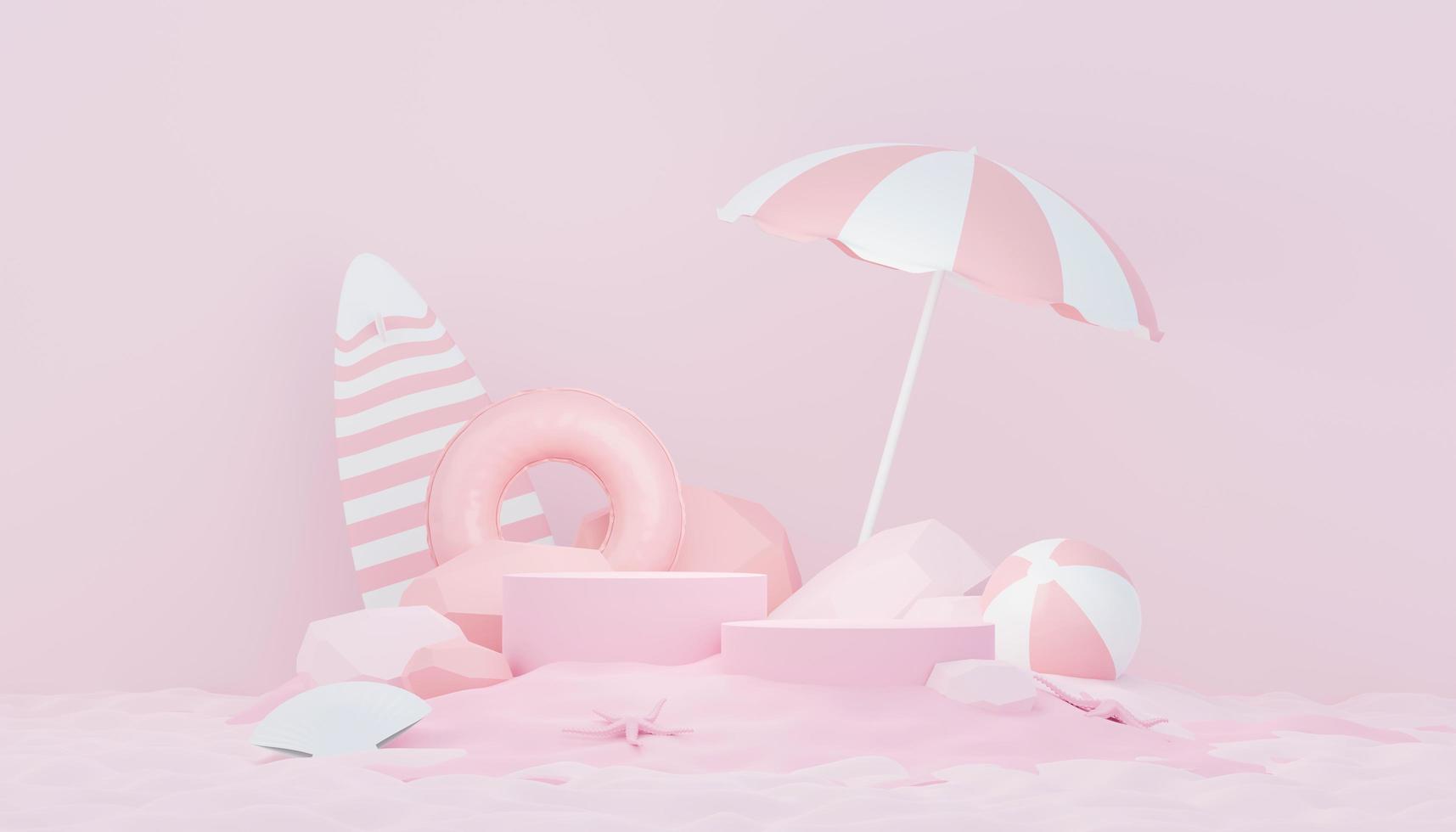 3d render minimal podium background for show and sales products. Hello Summer season scene design concept. Abstract Vacant pedestal for presentation and advertising. Beach Vacations in Summer. photo