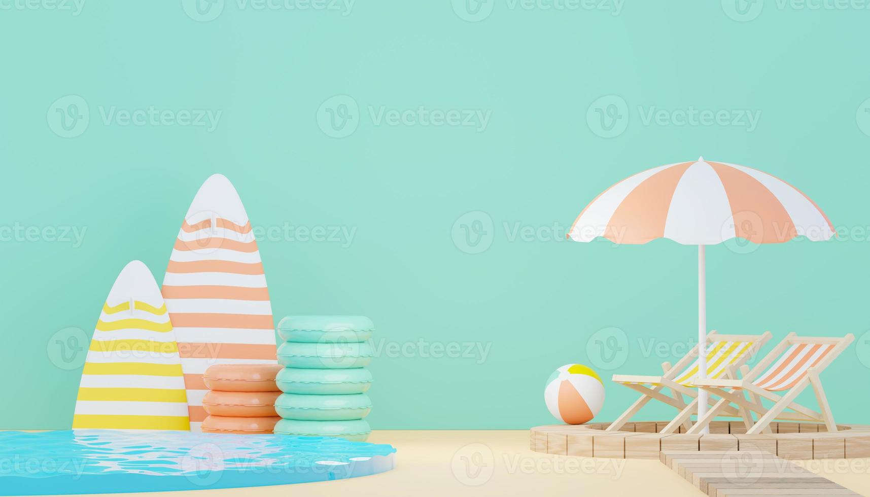 3d render minimal podium background for show and sales products. Hello Summer season scene design concept. Abstract Vacant pedestal for presentation and advertising. Beach Vacations in Summer. photo