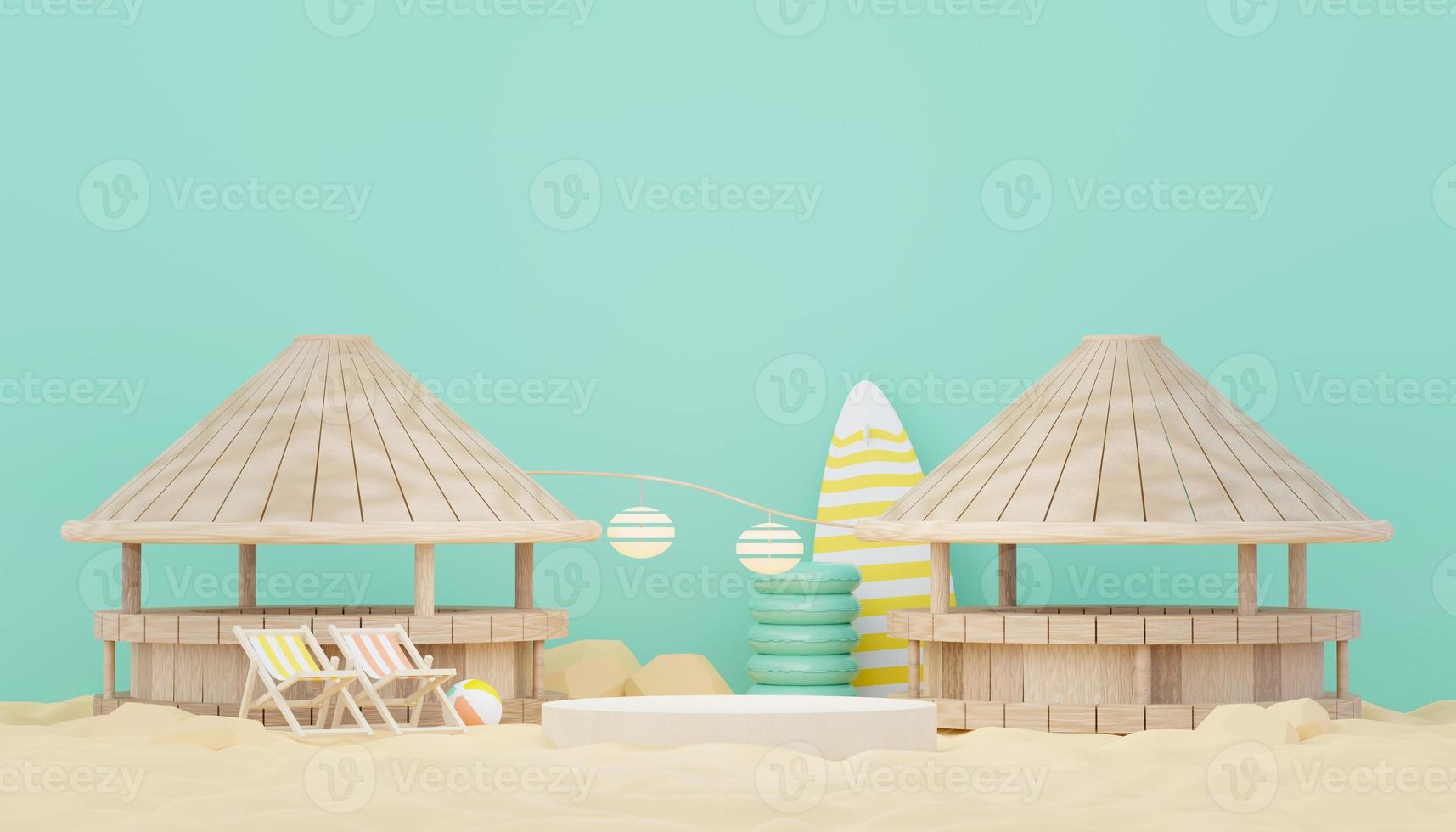 3d render minimal podium background for show and sales products. Hello Summer season scene design concept. Abstract Vacant pedestal for presentation and advertising. Beach Vacations in Summer. photo