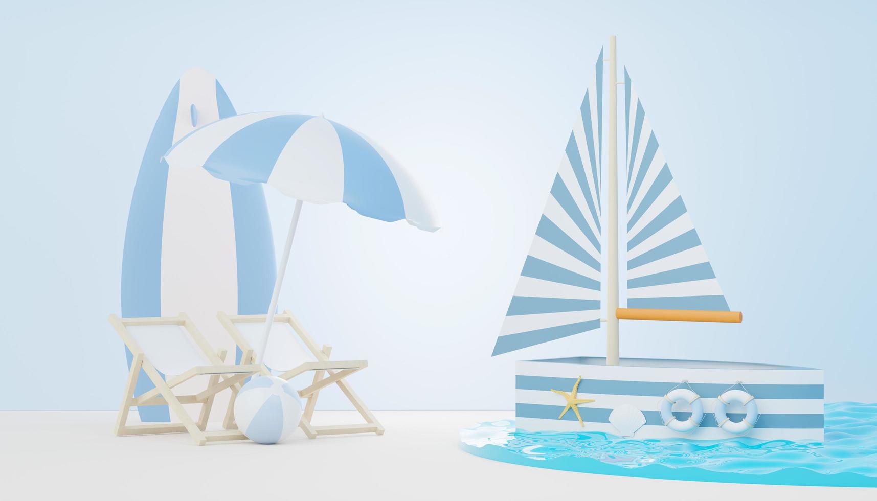 3d render Summer sale podium stand for showing product. Beach Vacations Scene in Summer for mock up. photo