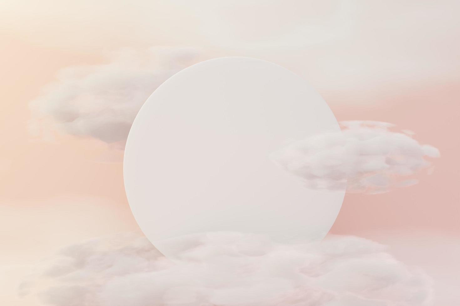 3d render top view of white blank cylinder frame for mock up and display products with dreamy land and clouds background. Creative idea concept. photo