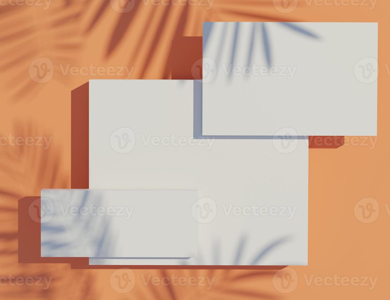 3d render top view of white banner frame for mock up and display products with shadows of palm leaves and earth tone background. Creative idea concept. photo