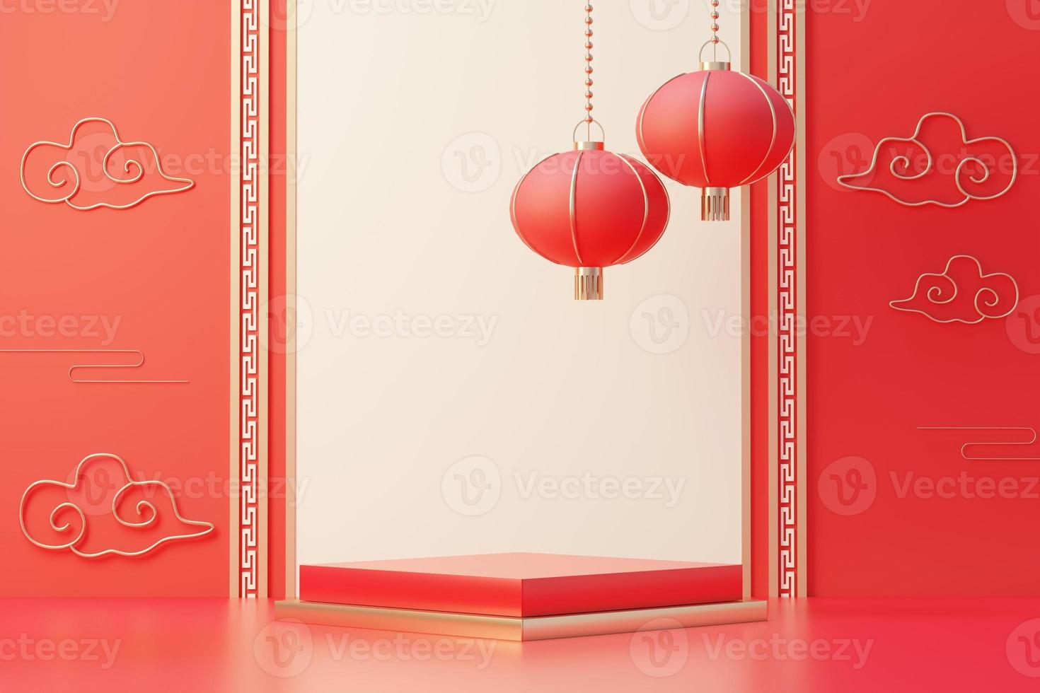 3d rendering of minimal scene of blank podium with Chinese lunar new year theme. Display stand for product presentation mock up. Chinese traditional texture. photo