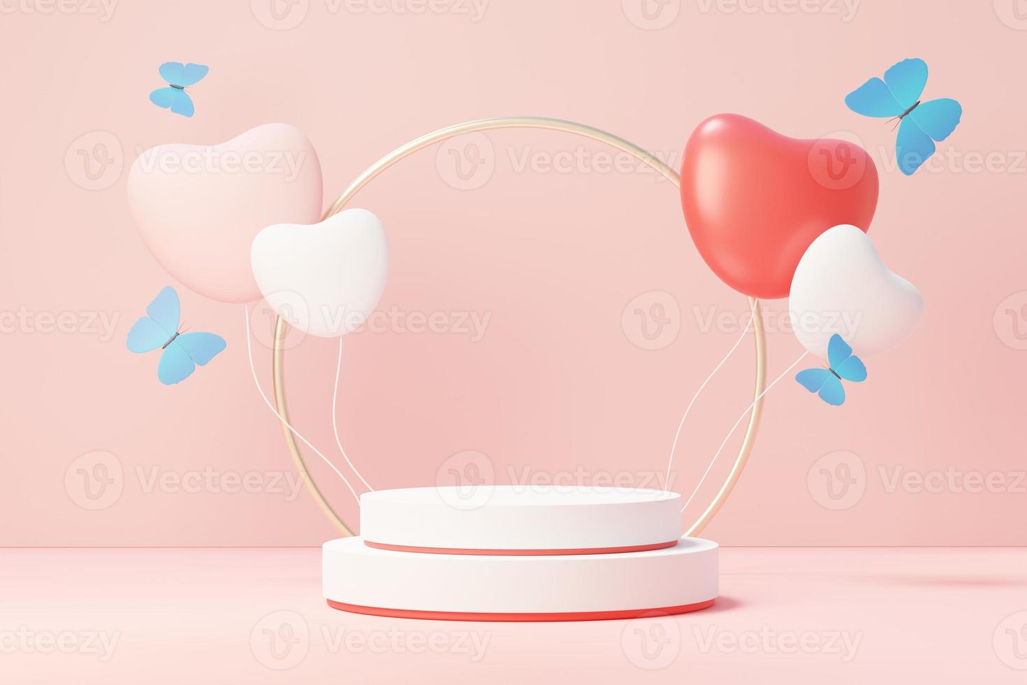 3d render minimal sweet scene with display podium for mock up and product brand presentation. Pink Pedestal stand for Valentine's Day's theme. Cute lovely heart background. Love day's design style. photo