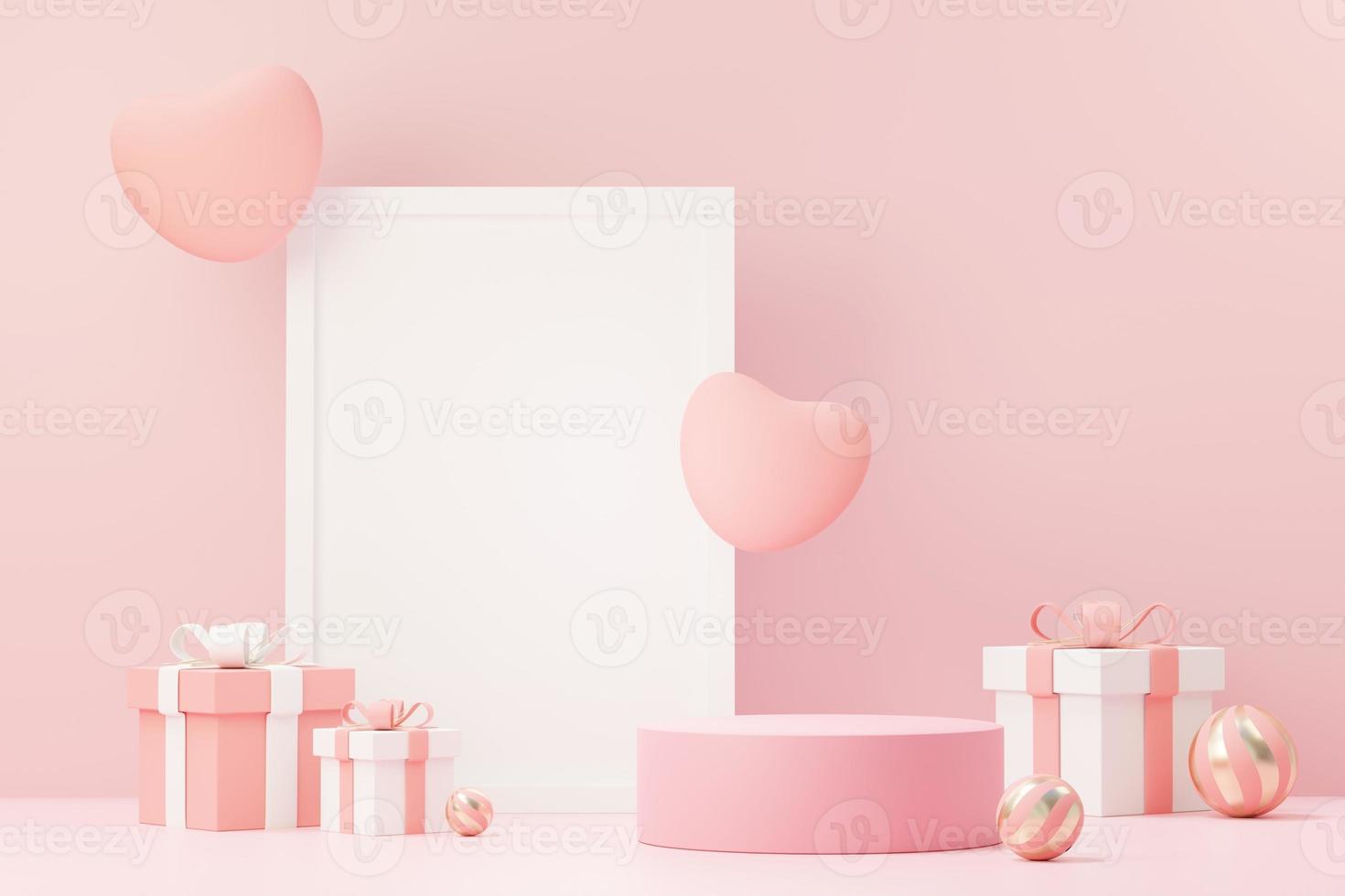 Representación 3D de escena dulce mínima con podio de visualización para maquetas y presentación de marca de producto. soporte de pedestal rosa para el tema del día de san valentín. lindo fondo de corazón encantador. estilo de diseño del día del amor. foto