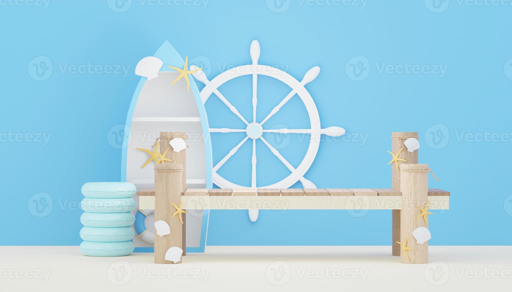 3d render Summer sale podium stand for showing product. Beach Vacations Scene in Summer for mock up. photo