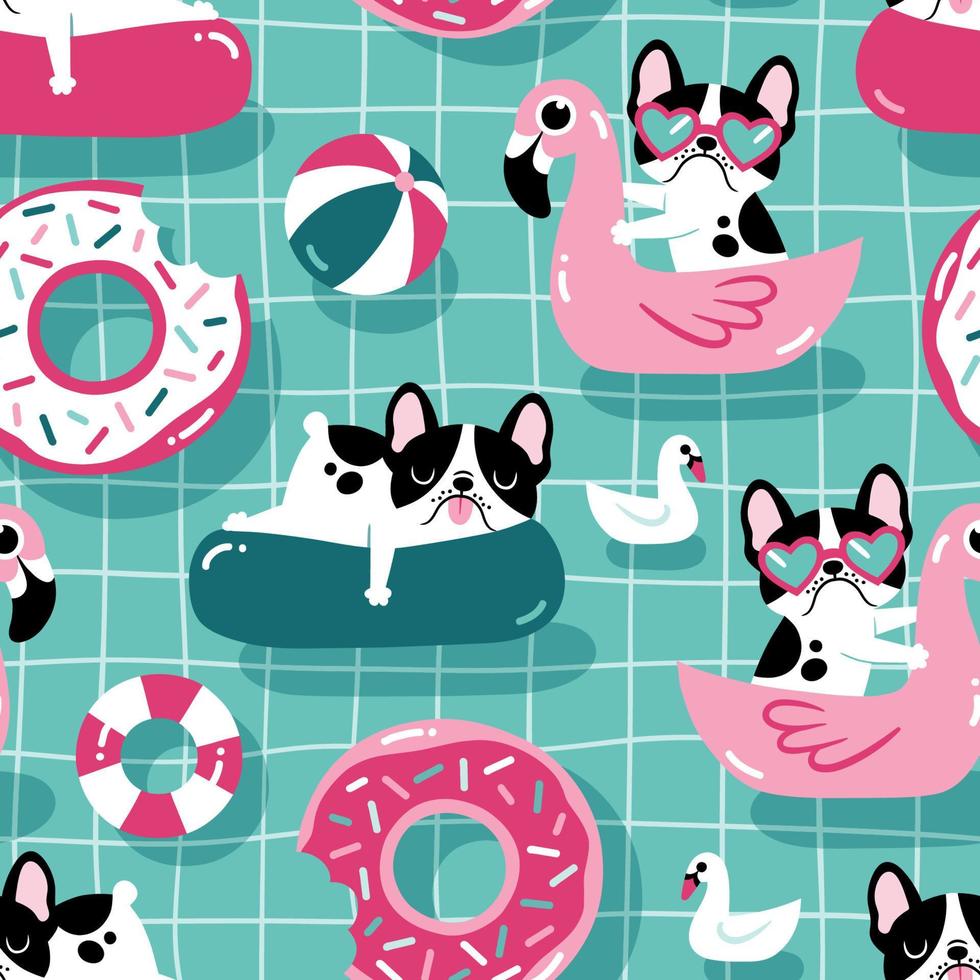 Seamless vector pattern with cute dogs with pool floats in a swimming pool.