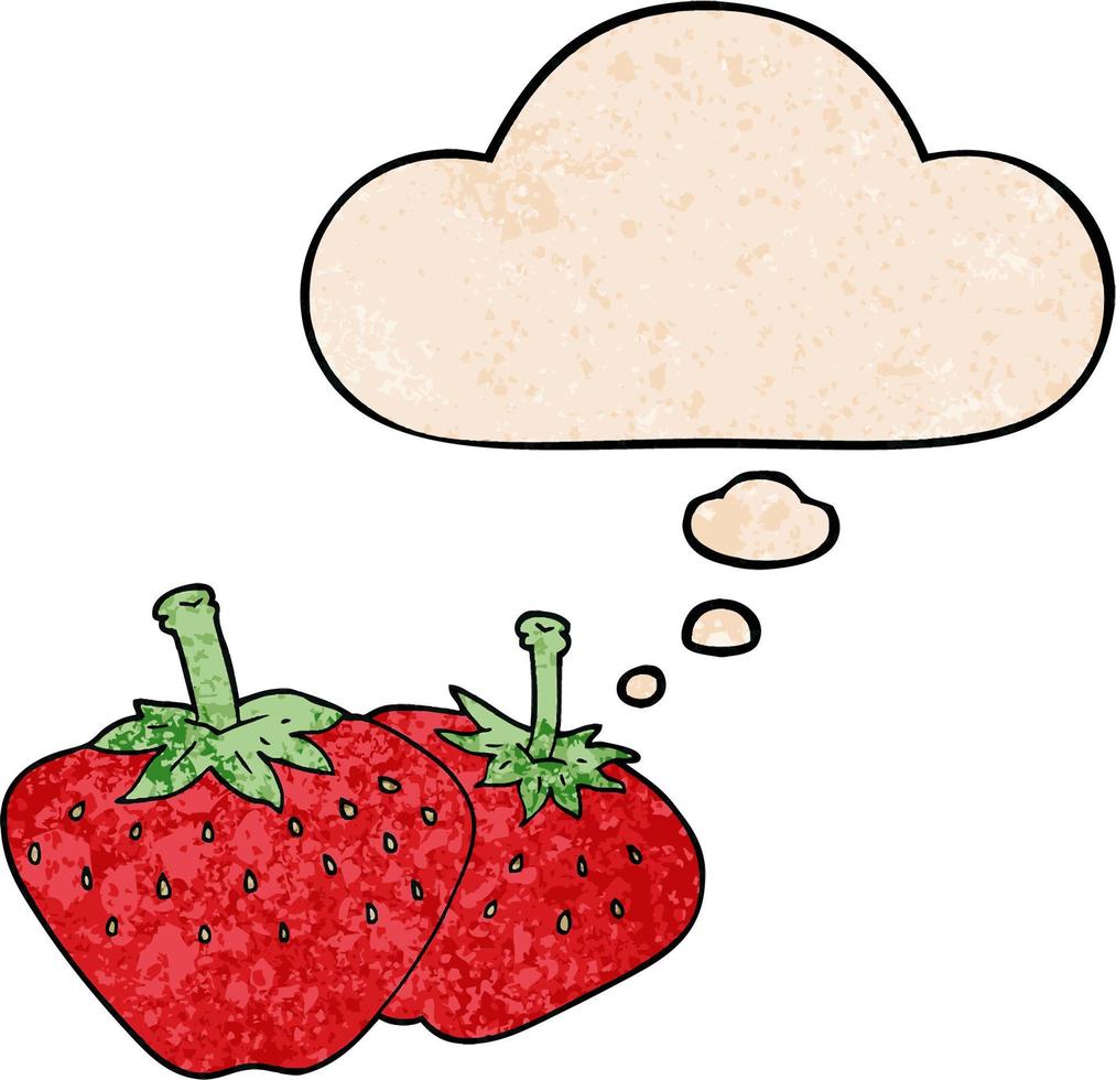 cartoon strawberry and thought bubble in grunge texture pattern style vector