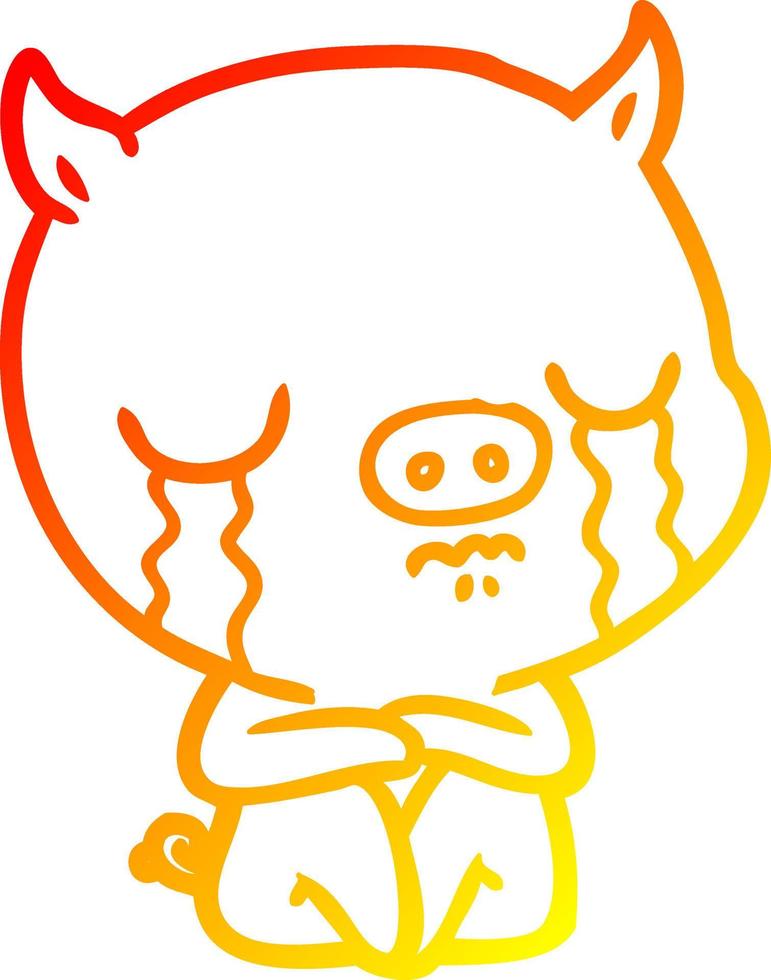 warm gradient line drawing cartoon sitting pig crying vector