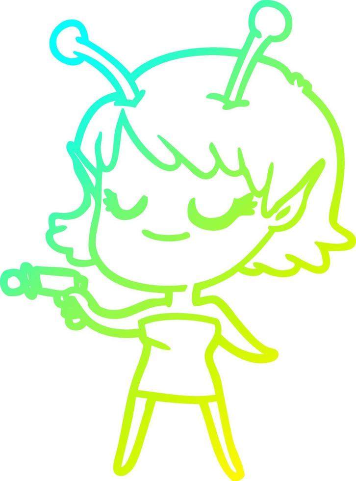 cold gradient line drawing smiling alien girl cartoon pointing ray gun vector