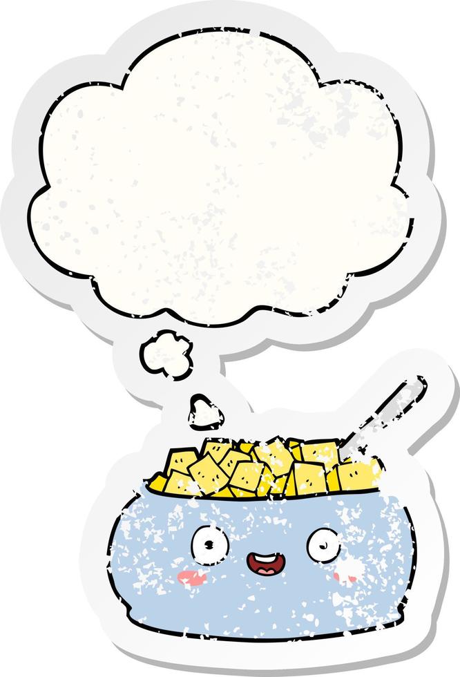cute cartoon bowl of sugar and thought bubble as a distressed worn sticker vector