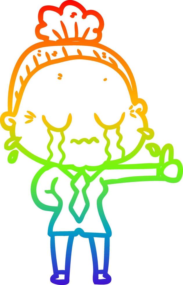 rainbow gradient line drawing cartoon old woman crying vector