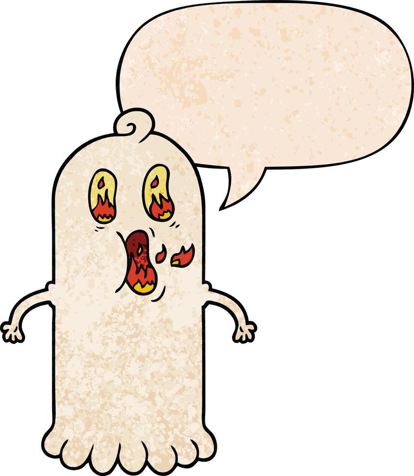 cartoon ghost and flaming eyes and speech bubble in retro texture style vector
