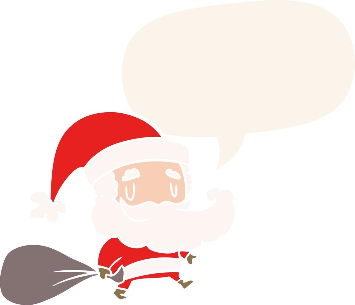 cartoon santa claus carrying sack of presents and speech bubble in retro style vector