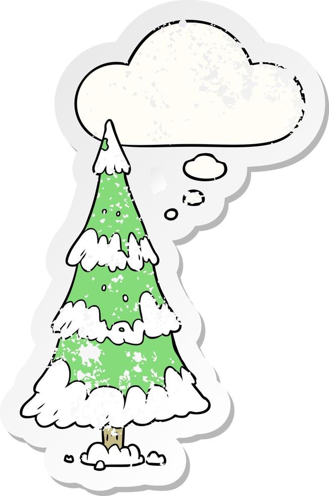 árbol de navidad de dibujos animados y burbuja de pensamiento como una pegatina gastada angustiada vector