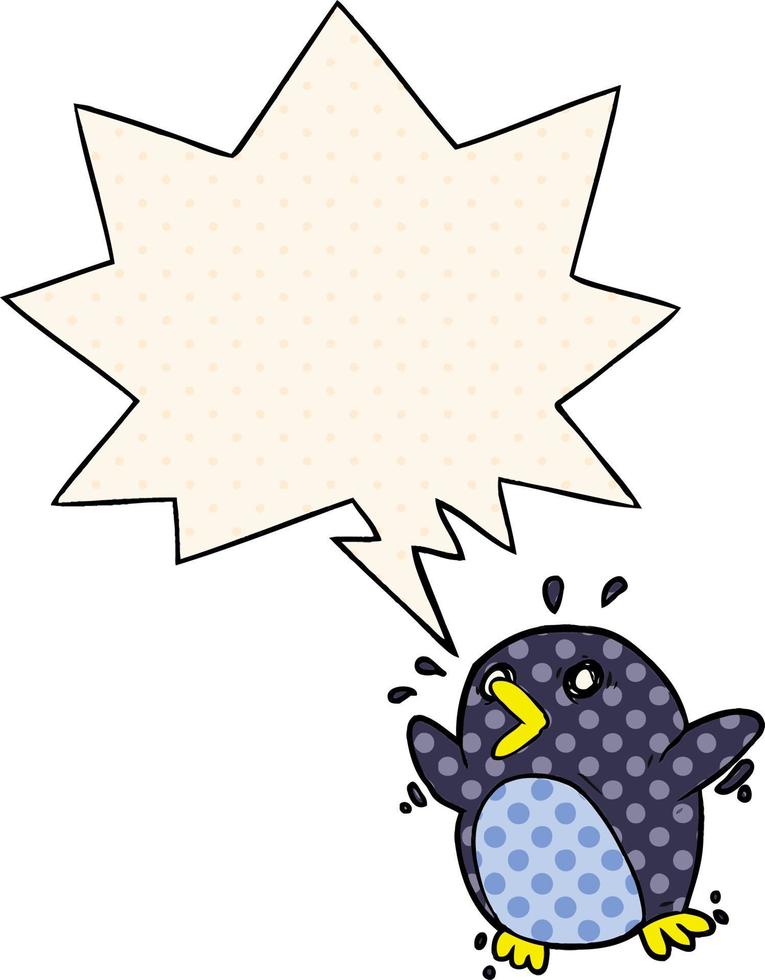 cartoon frightened penguin and speech bubble in comic book style vector