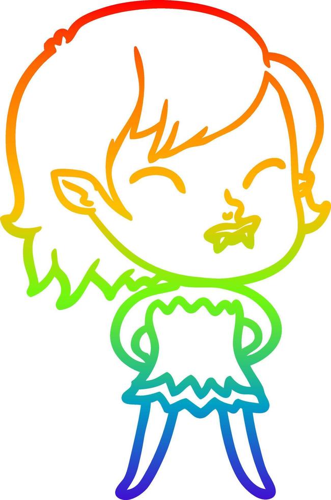 rainbow gradient line drawing cartoon vampire girl with blood on cheek vector