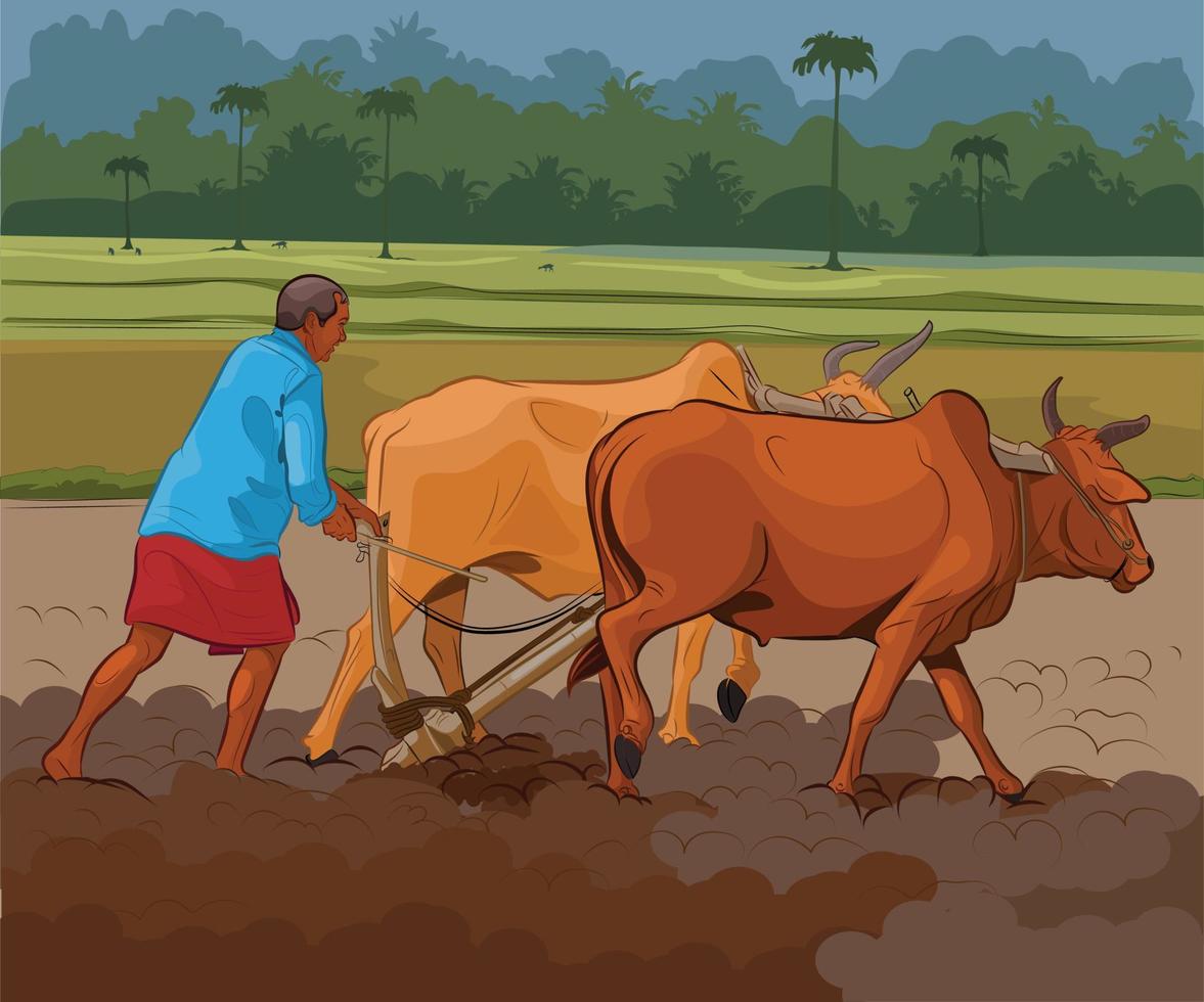 Indian farmer working in village agriculture vector