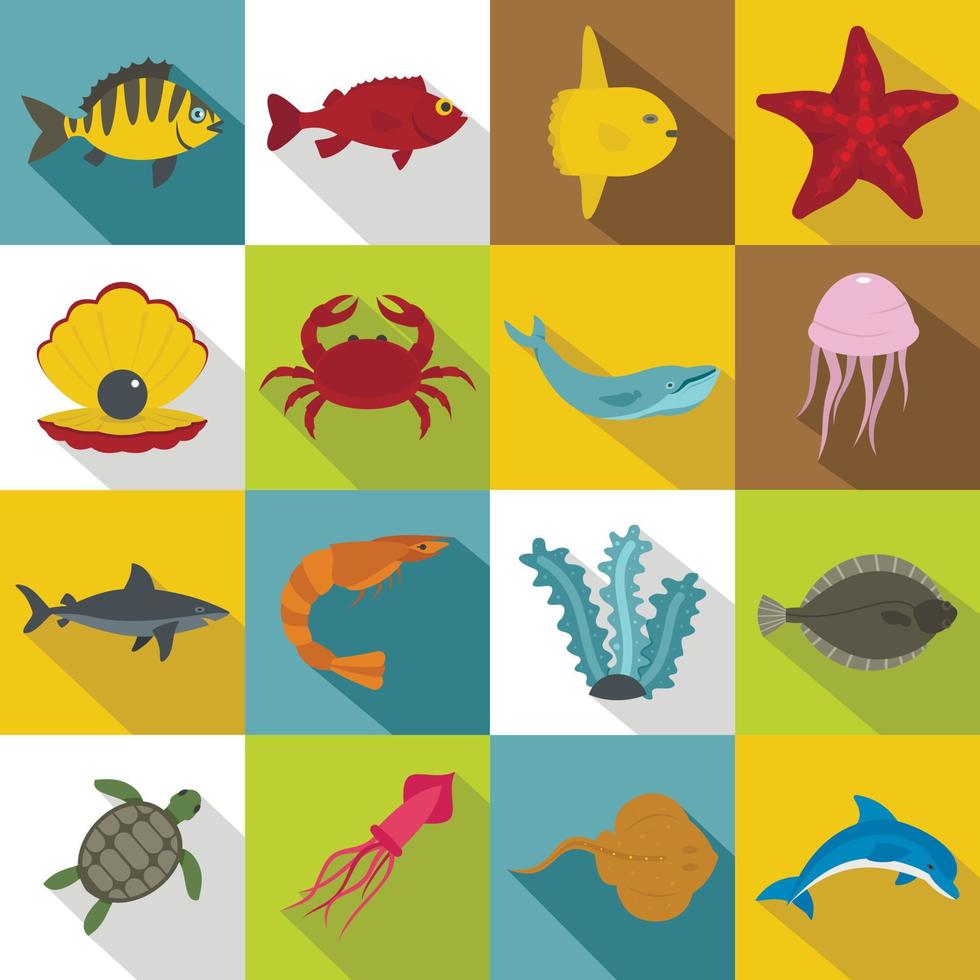 Sea animals icons set, flat style vector