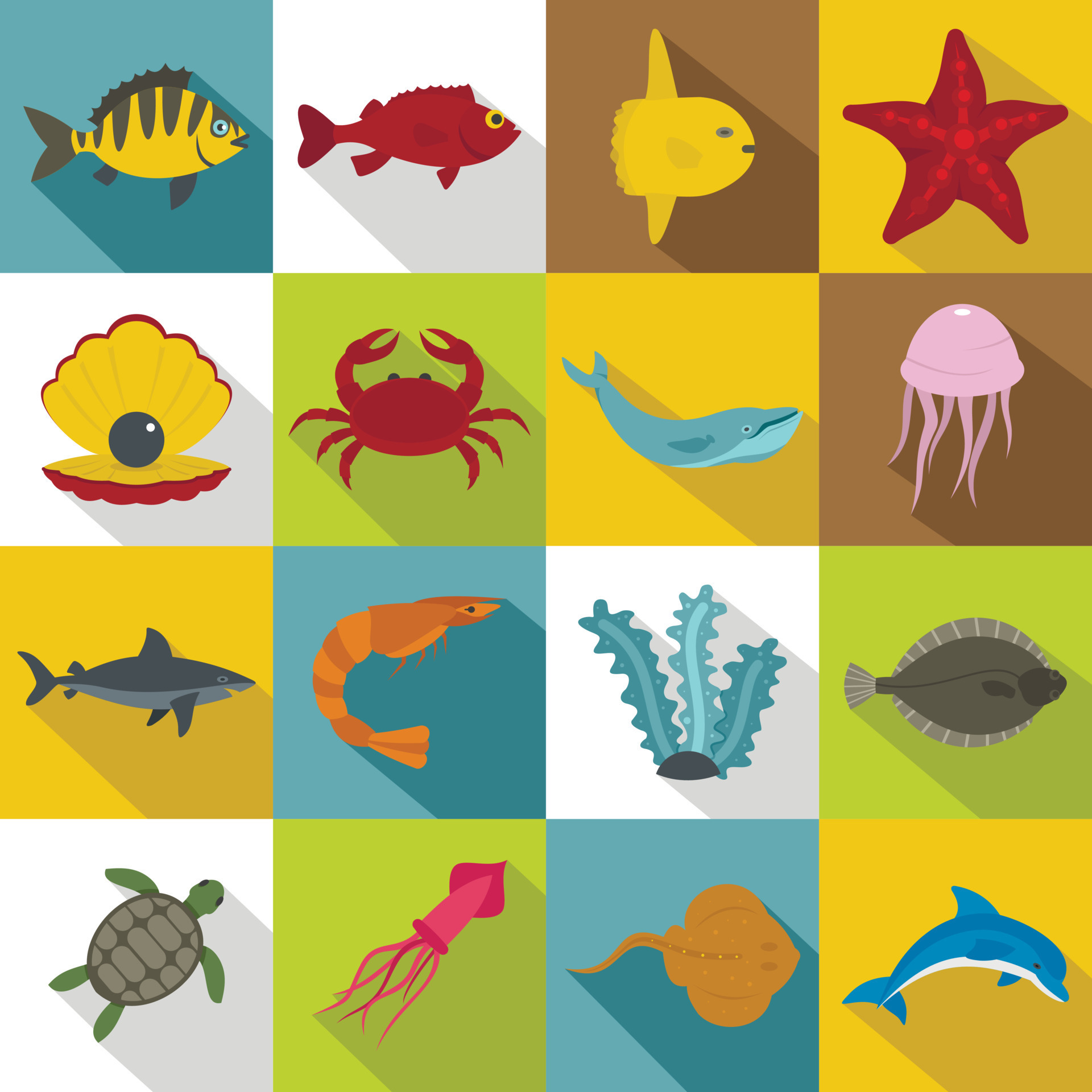 Sea animals icons set, flat style 8909728 Vector Art at Vecteezy Sea animals icons set, flat style 8909728 Vector Art at Vecteezy