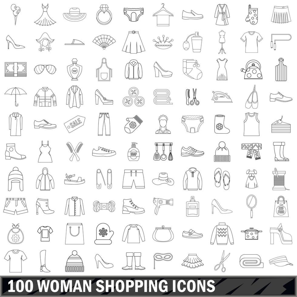 100 mujer compras conjunto de iconos, estilo de contorno vector