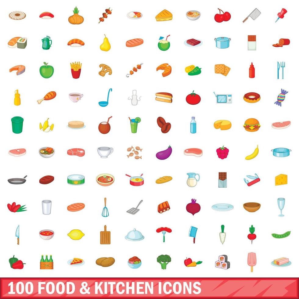 100 food and kitchen icons set, cartoon style vector