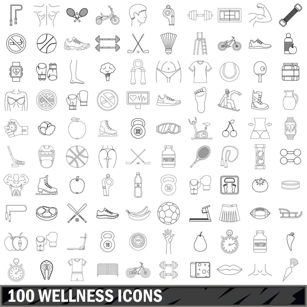 100 wellness icons set, outline style vector