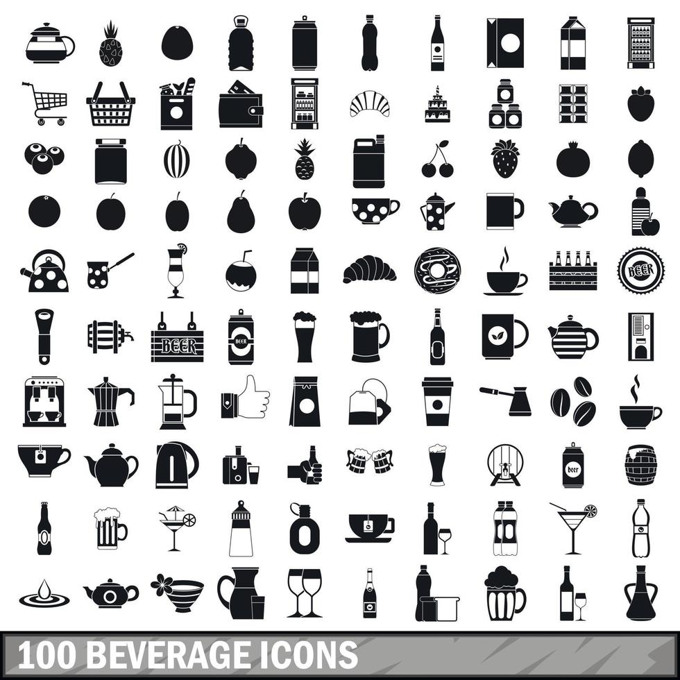 100 iconos de bebidas establecidos en estilo simple vector