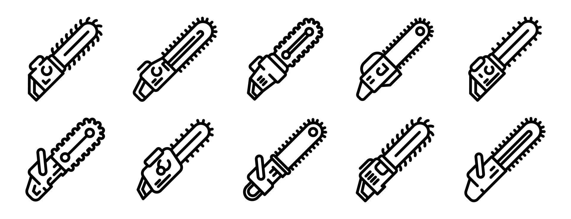 conjunto de iconos de motosierra, estilo de esquema vector