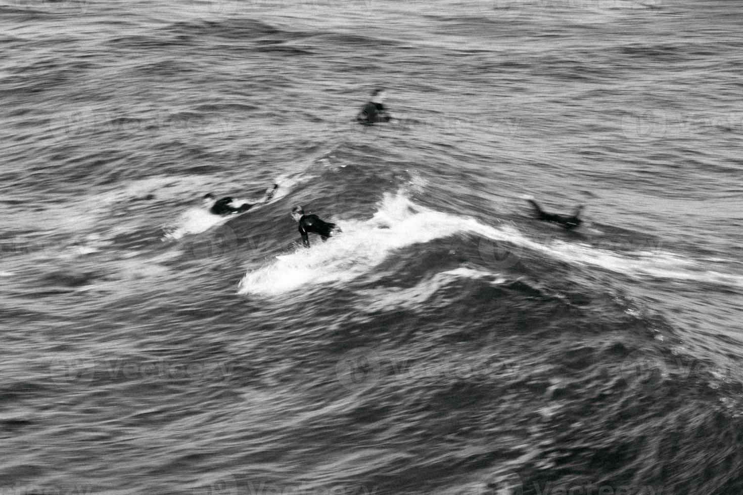 Black and white surfer on the waves photo