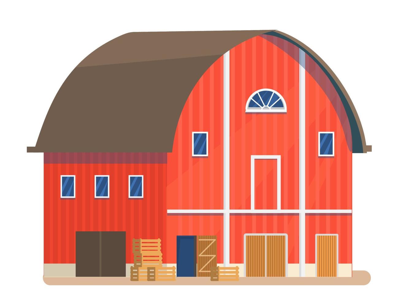 Vector illustration of a red barn with wooden boxes in flat cartoon style. Storehouse on white background.