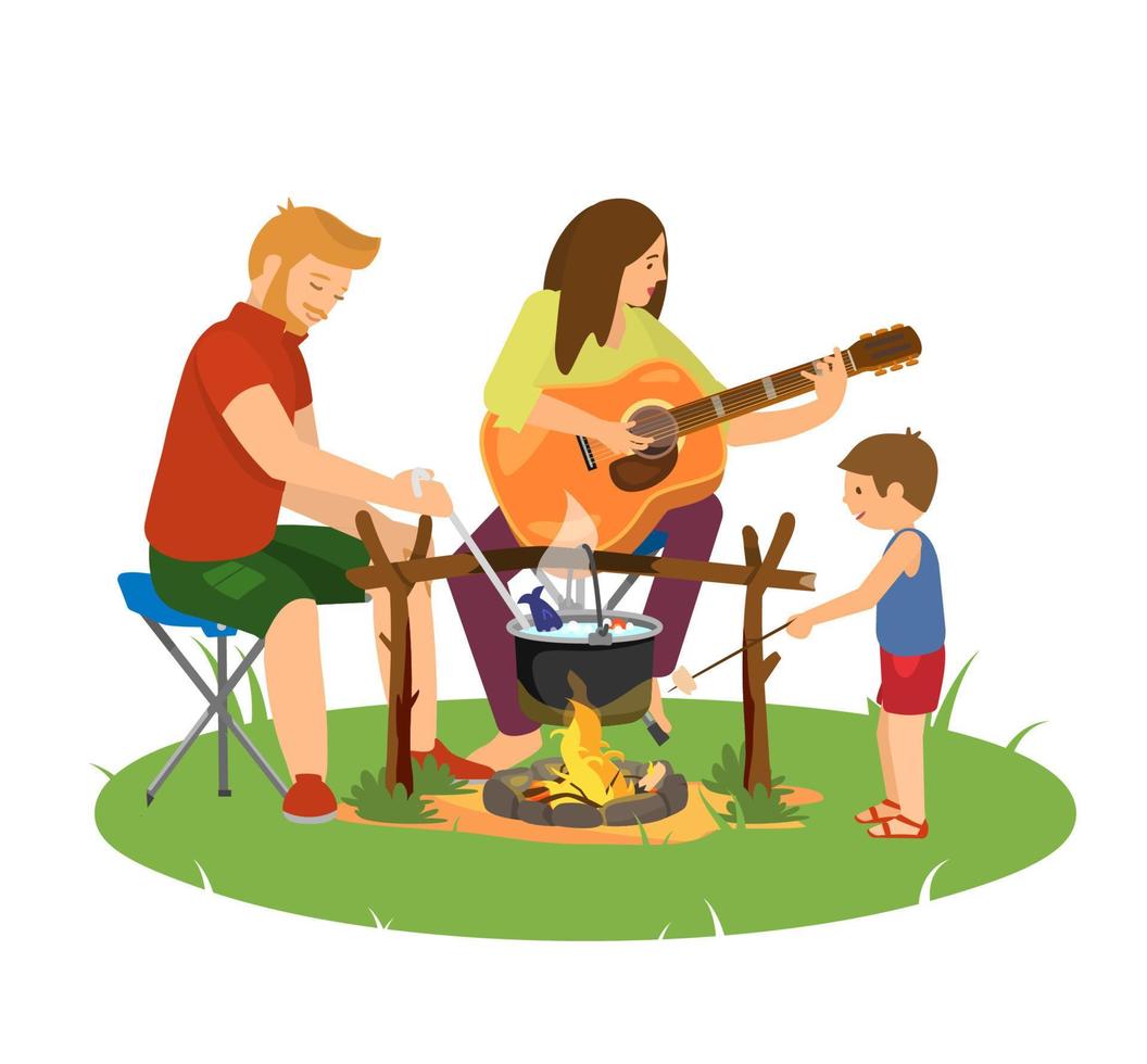 familia cerca del fuego del campamento cocinando sopa de pescado, tocando la guitarra, disparando malvaviscos. vacaciones familiares de verano. cámping. vector